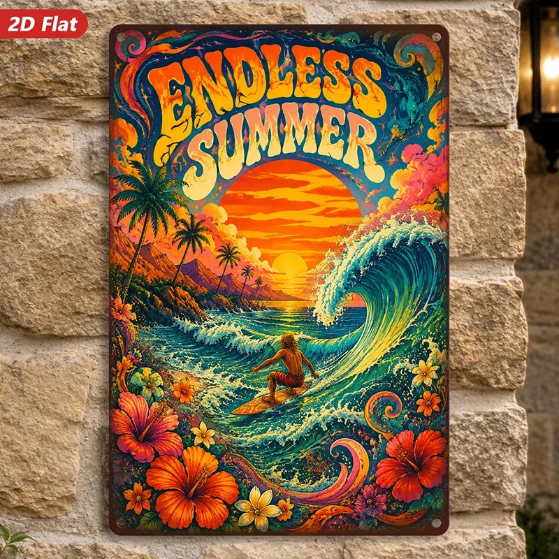 1pc Endless Summer Surf Metal Sign Wall Art, Ocean Sunset, Home Decor, Ideal for Entryway Bedroom Office, Curling Wave