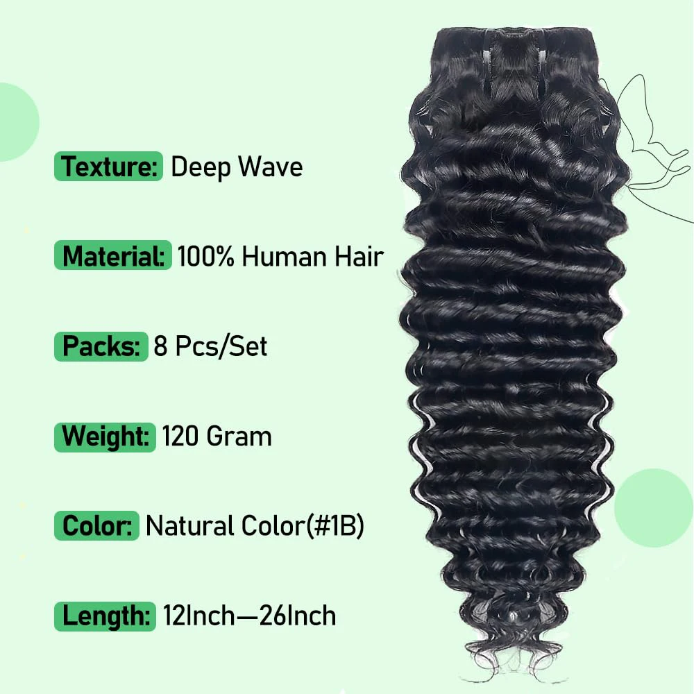 Diepe Golf Clip-in Hair Extensions 100% Echt Menselijk Haar Volledig Hoofd Braziliaanse Clip-on Haarverlenging 26 Inch Natuurlijk Zwart voor Vrouwen