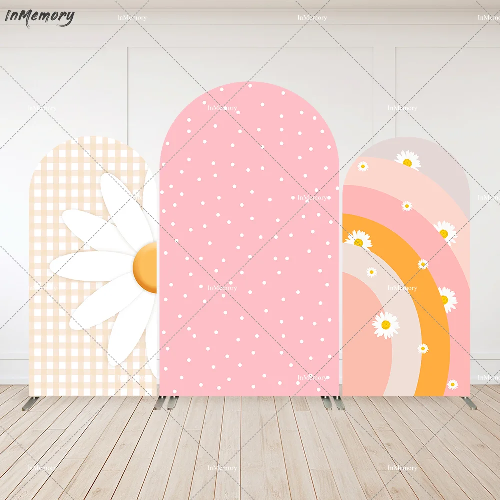 Boho Rainbow Daisy Flower Baby Shower Arched Backdrop Cover Groovy Birthday Party Arch Wall Background Photography Banner 2-Side