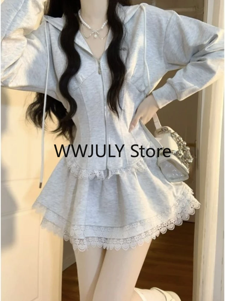 Korean Fashion Clothing Grey Lace 2 Piece Set Woman Casual Hooded Slim Coat + Slim Party Y2k Mini Skirt Elegant 2023 Autumn Chic