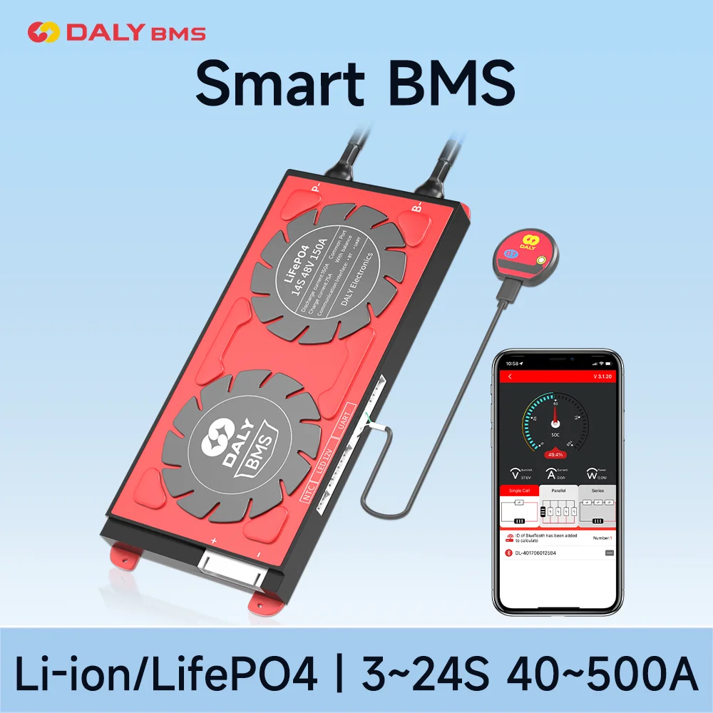 

Daly Smart LifePO4 BMS 4S 12V 16S 48v 24V 36V 60V 72V 20S 80A 3S 7S 8S 10S 12S 13S 24S RS485 CANBUS bluetooth APP 18650 Solar