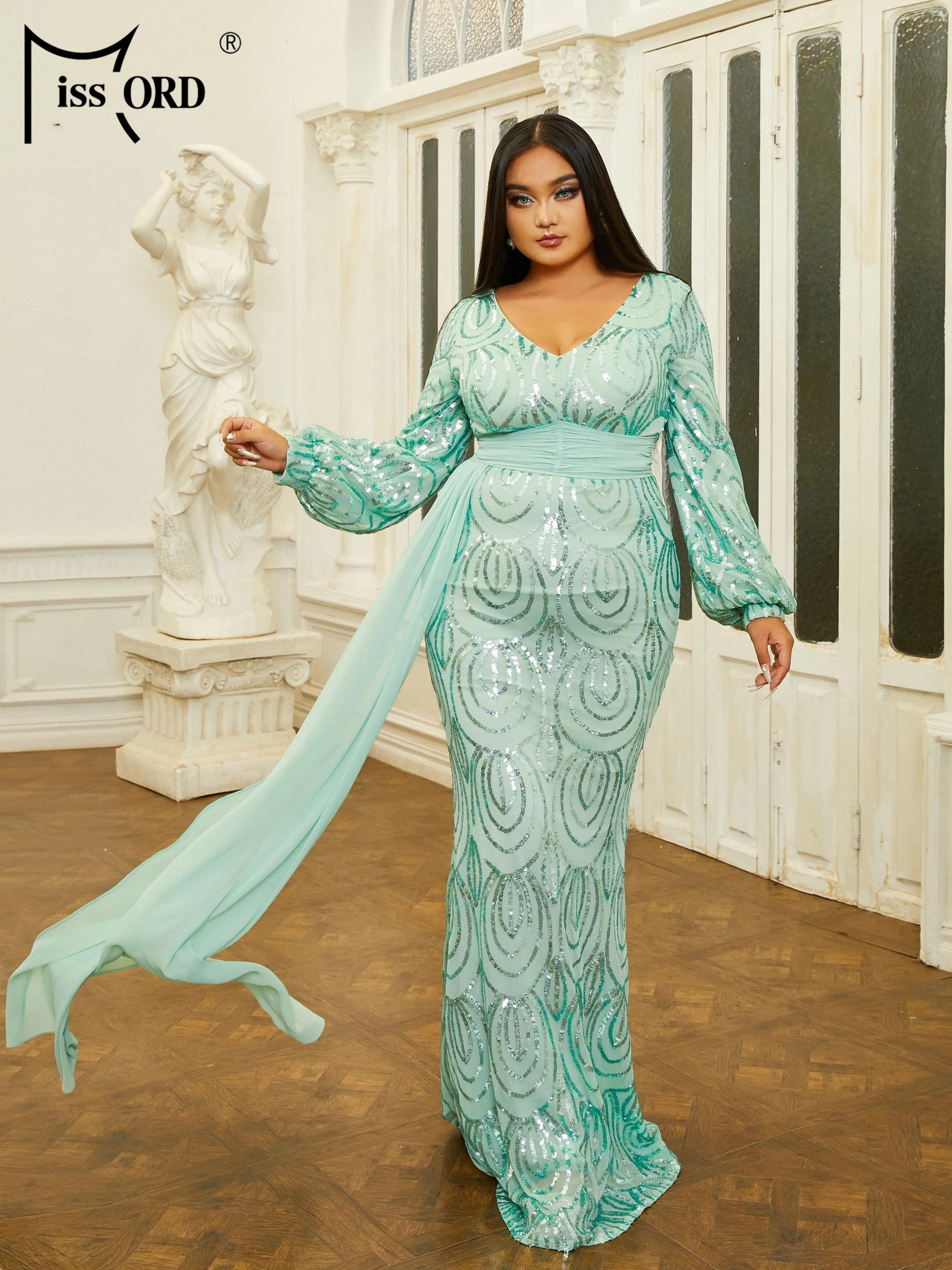 

Missord Green Sequin Plus Size Wedding Party Dress Women Elegant V Neck Lantern Sleeve Belt Draped Bodycon Prom Evening Dresses