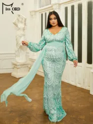 Missord Green Sequin Plus Size Wedding Party Dress Women Elegant V Neck Lantern Sleeve Belt Draped Bodycon Prom Evening Dresses