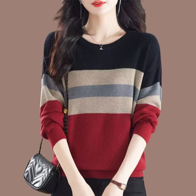 Autumn Winter Autumn Winter Round Neck Pullovers Contrasting Women's Clothing Stripes Loose Belly Covering Temperament Sweaters