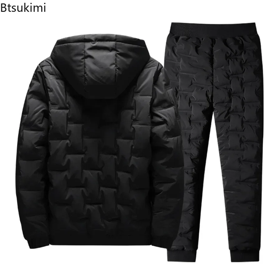 Winter Thickened 2PC Set New Men's Down Cotton Coats Sets Fashion Hooded Cotton-padded Jacket+Pants Casual Sport Parkas Set Male