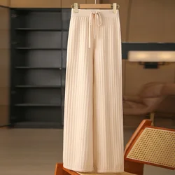 100% Wool Women's Trousers Middle-waisted Pulling-rope Wide-leg Elastic-Waist Floor Length Pants  2024 New Winter