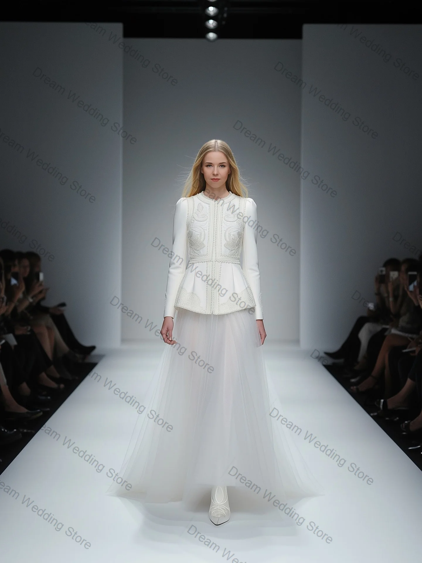 

White Women Suit Set 2 Pcs Blazer+Tulle Prom Dress Crystals Formal Office Lady Jacket Customized Guest Wedding Tuxedos Coat