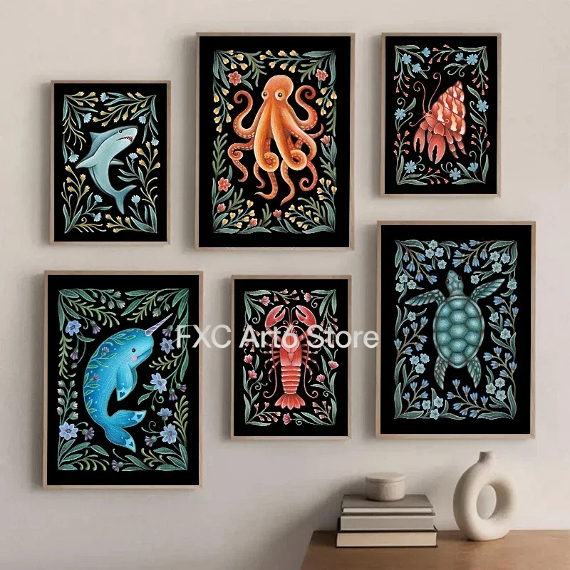 1 Pieza de Póster sin Marco de Pulpo, Narval, Tortuga Marina y Langosta, Impresiones de Vida Oceánica, Pintura en Lienzo de Acuarela, Arte de Pared, Imagen Náutica