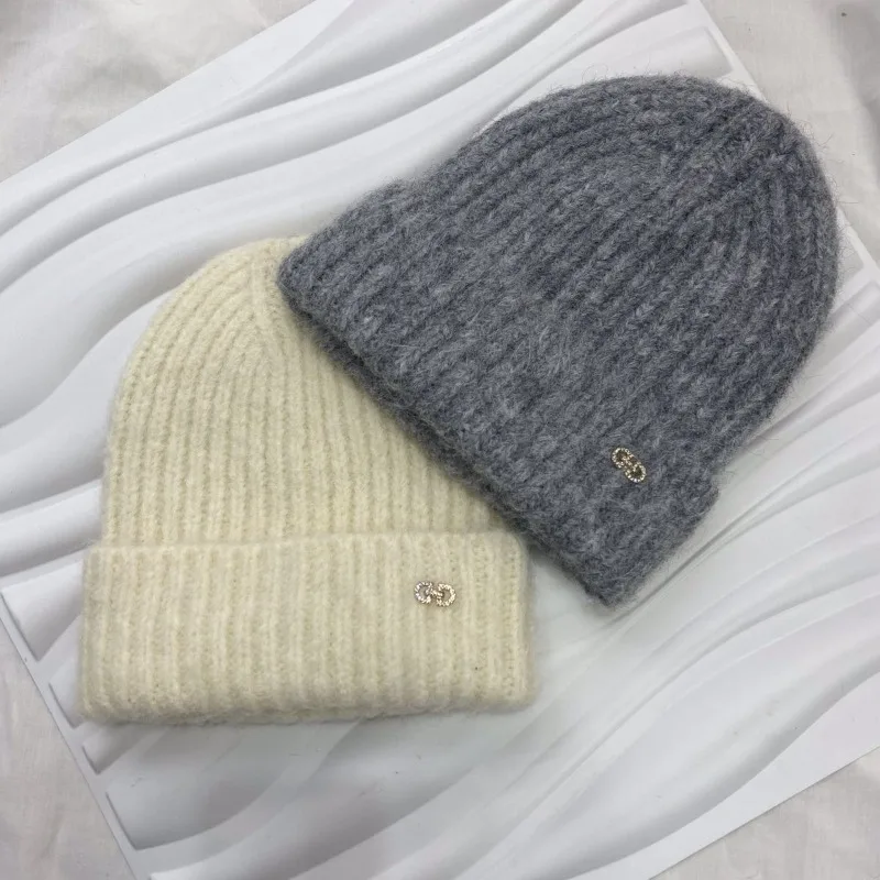 Soft waxy mohair knitted hat, temperament double D rhinestone label flanged hat, winter ear protection warm wool hat