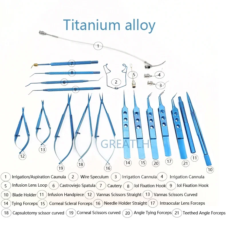 21 Stück Titan-Instrument mit Sterilisationskofferhalter, Katarakt-Nadelhalter, Sterilisationstablett, Koffer für Augenheilkunde