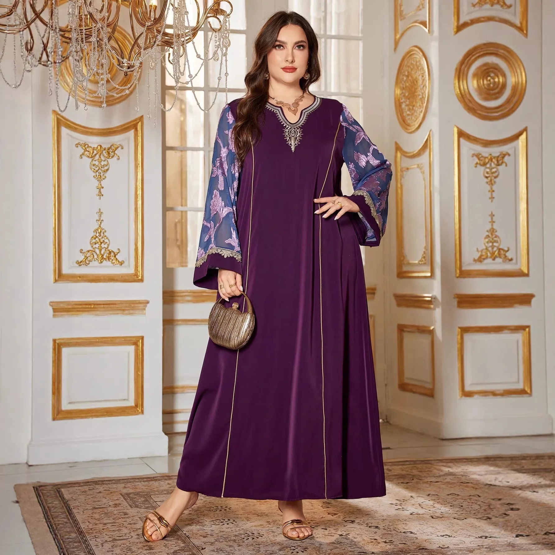 

Plus Size Purple V Neck Patchwork Floral Mesh Flare Sleeve Gold Embroidery Long Loose Islamic Abaya Muslim Party Maxi Dress