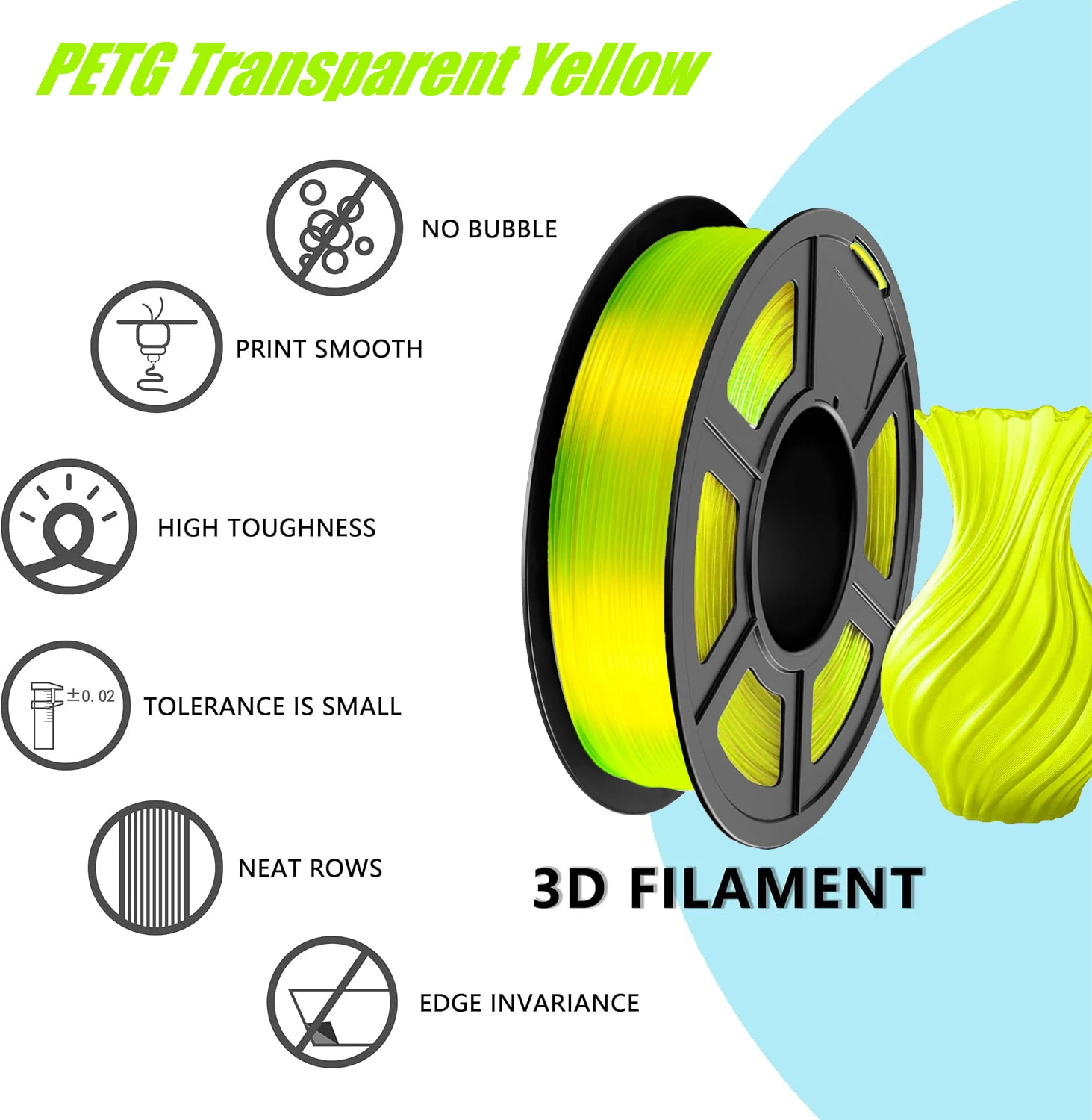 PETG 필라멘트 1.75mm 3D 프린터 필라멘트, 치수 정확도 +/- 0.02mm, (투명 노란색)