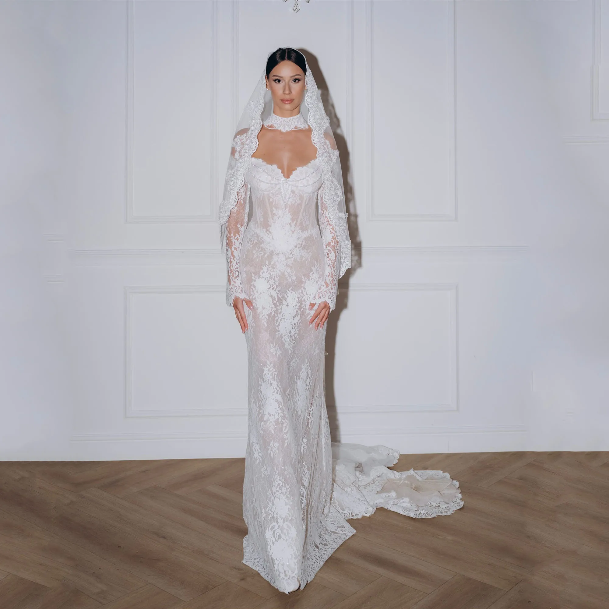 

White Floral Lace Wedding Dress Off Shoulder Long Sleeves Applique vestidos de noiva Pearls Mermaid Bride Dresses Customized