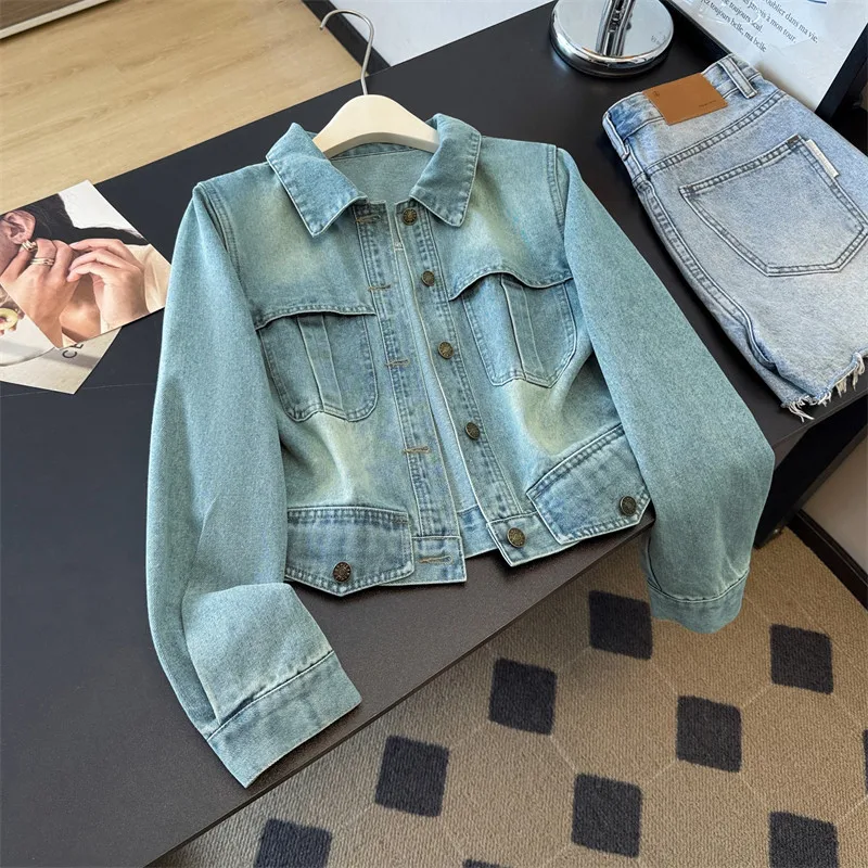 

Винтажная светло-голубая повседневная короткая джинсовая куртка, осенняя женская однобортная джинсовая куртка с лацканами и длинными рукавами, женская ковбойская верхняя одежда