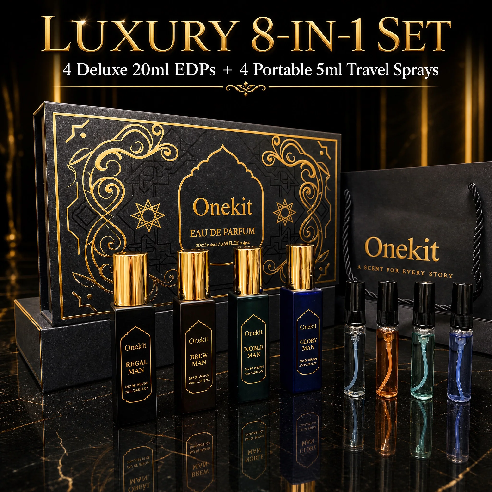 Onekit 8-Piece Men's Cologne Gift Set, Long Lasting 4x20ml EDP & 4x5ml Travel Sprays with Box & Bag, Woody Fresh Spicy Oud Fragrance for Daily & Travel, Perfect Birthday, Holiday & Father's Day Gift for Him, Dad, Husband