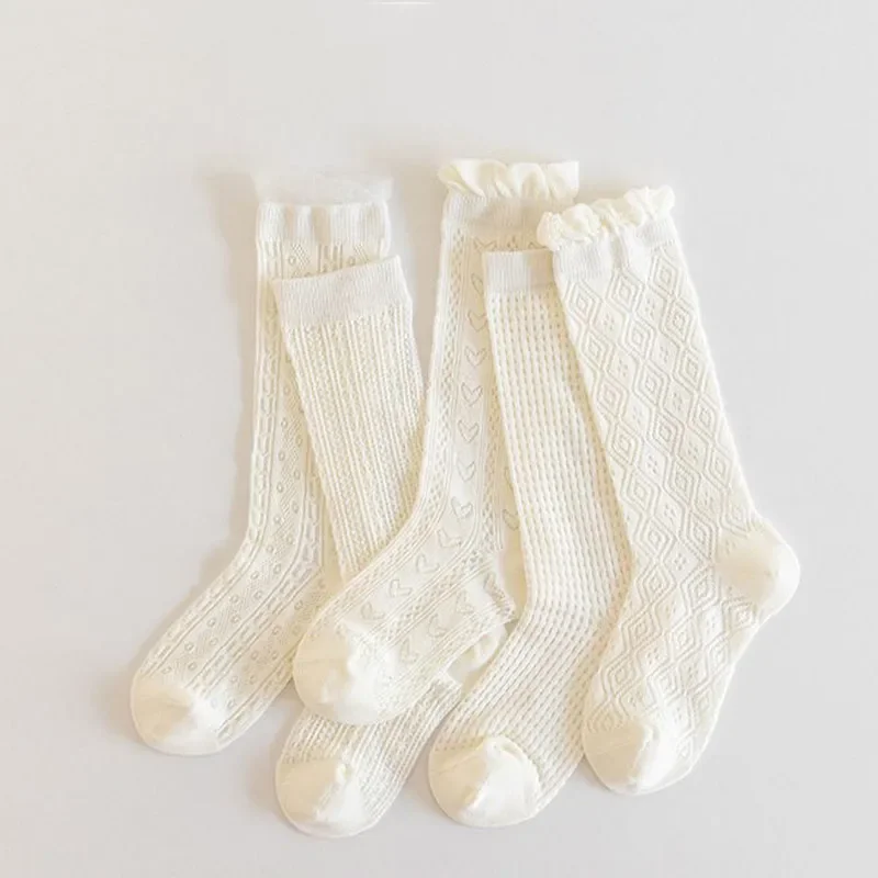 3Pairs Korean Lace Ruffle Socks for Baby Girls White Heart Embroidered Knee High Sock Summer Thin Breathable Princess Stockings