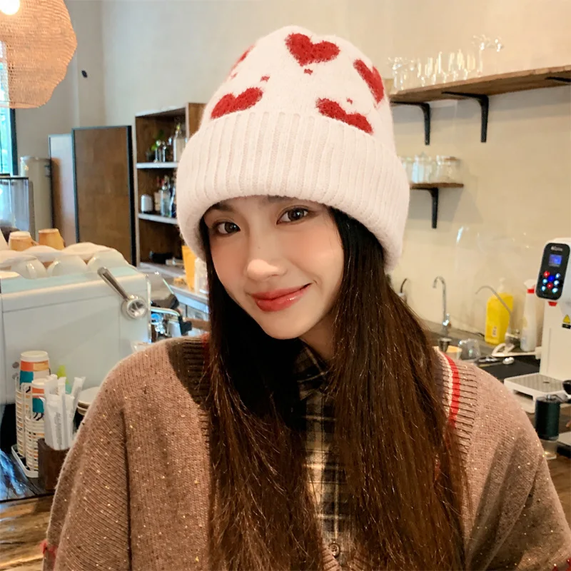 Autumn Winter Women Beanie Heart Pattern Hat Warm Chunky Knit Cap Cute Love Jacquard Soft Kawaii Adorable Knit Hat