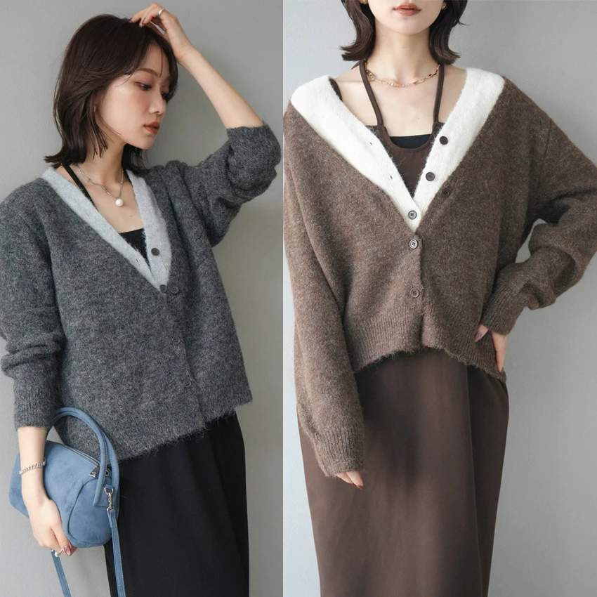 

Loose V-Ne ort Knitted Cardigan with Me Skirt Double Button Design Neutral Sle Polyester Fiber Casual Wear