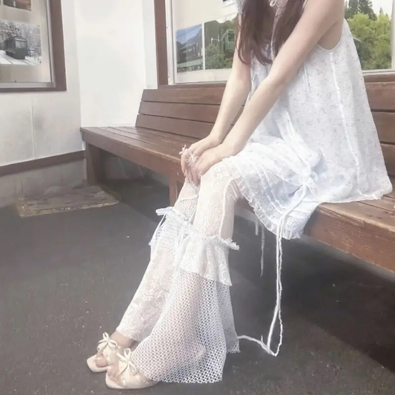 

Y2K Spicy Girl Hollow Light Blue Irregularly Spliced Lace Mesh See Through Bodycon Flare Pant Gothic Women Bell-bottoms Trousers