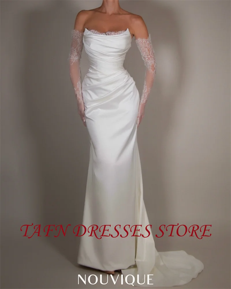 

TAFN Elegant Soft Satin Mermaid Wedding Dresses Off Shoulder Satin Long Sleeves Lace Bridal Gowns Robe de mariage Customized