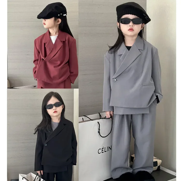 Kid Suit 2023 New Autumn Korean Fashion Style Slash Placket Personality Asymmetry Suit Children Clothes