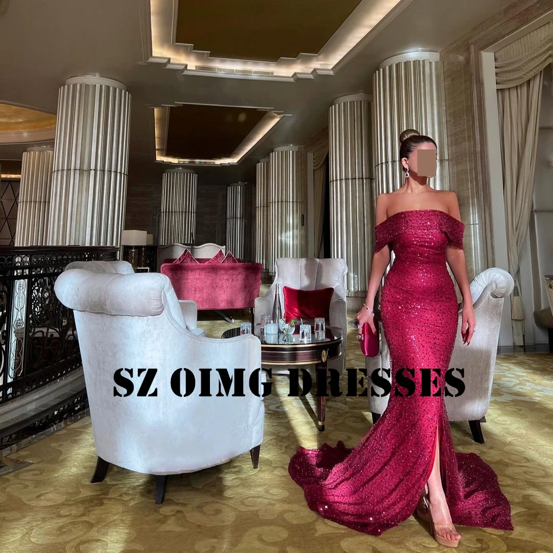 OIMG New Design Off-Shoulder Fuchsia Prom Dresses Saudi Arabic High Slit Women Sequined Mermaid Evening Gowns Formal Party Dress