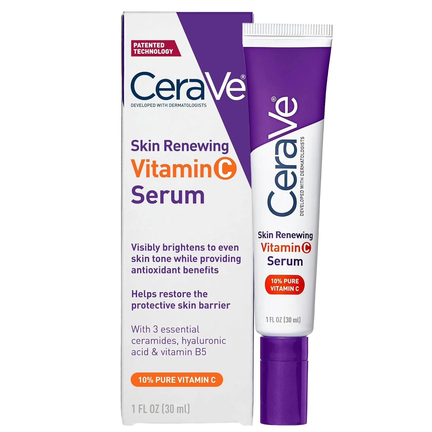 CeraVe Vitamin C Serum for Face with 10% Pure Vitamin C,Hyaluronic Acid & 3 Essential Ceramides,Skin Brightening Antioxidant 1oz