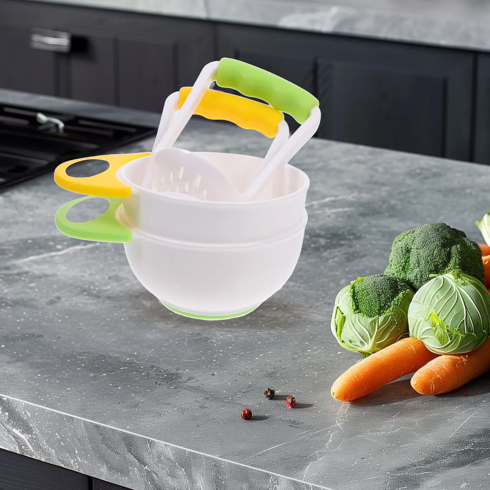 

Набор из 2-х зелено-желтых детских чаш для измельчения пищи с плотным фильтром, удобной ручкой и вращением на 360 градусов для кухни