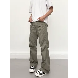 Spring Autumn Men's Clothing Solid Color Elastic Pockets High Waist Trousers Cargo High Street Korean Fashion Cropped Pants