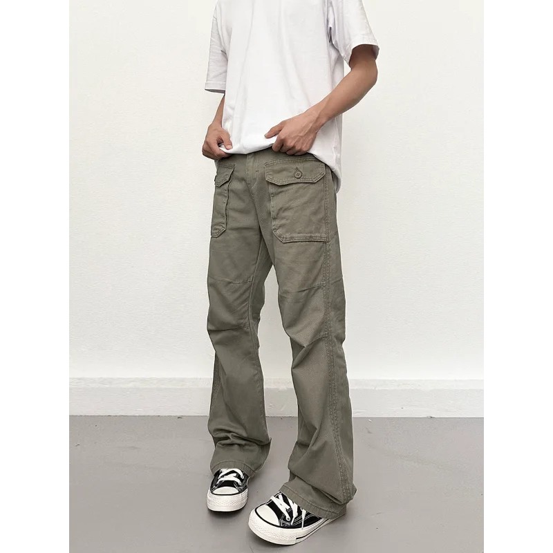 Spring Autumn Men's Clothing Solid Color Elastic Pockets High Waist Trousers Cargo High Street Korean Fashion Cropped Pants