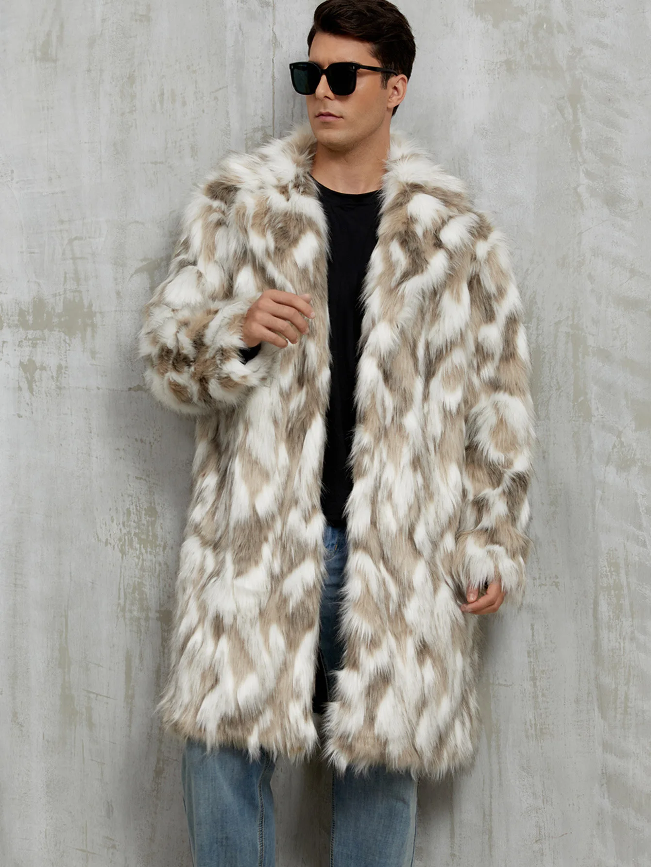 New autumn and winter contrasting color men's suit collar faux fur long warm coat coat