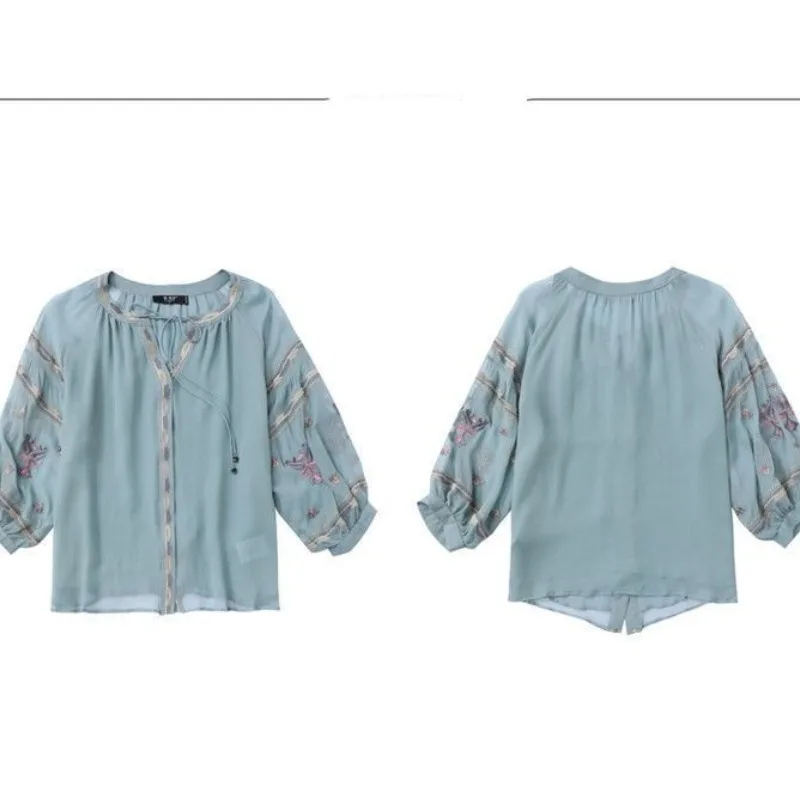 Spring and Autumn Women's Pullover Round Neck Lace Up Embroidery Solid Color Lantern 3/4 Sleeve Chiffon Tee T-shirt Tops