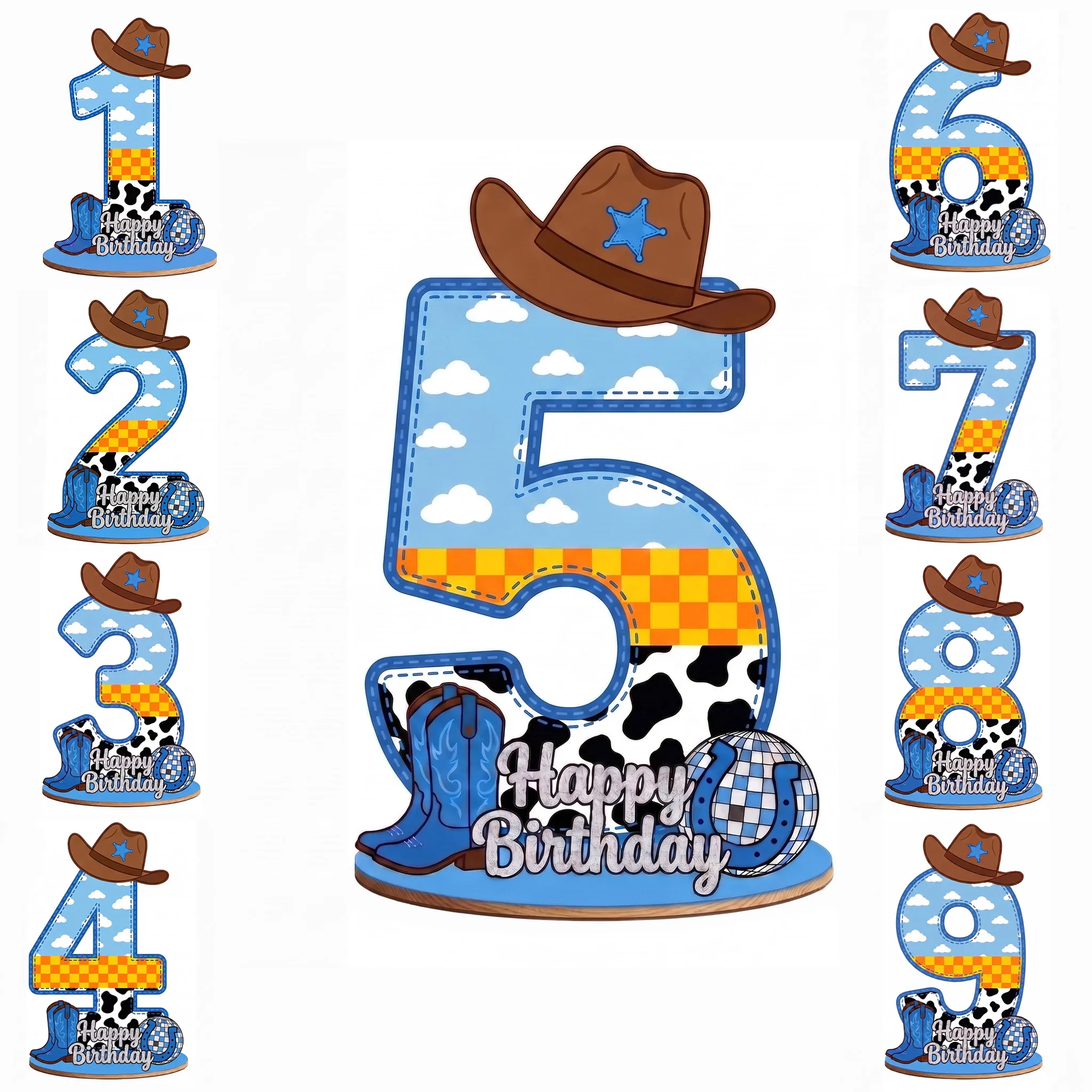 Décoration de fête d'anniversaire sur le thème des jouets : Centre de table en bois avec chiffres, ciel et vache nuageuse blanche pour garçons et filles, idéal pour photomaton ﻿