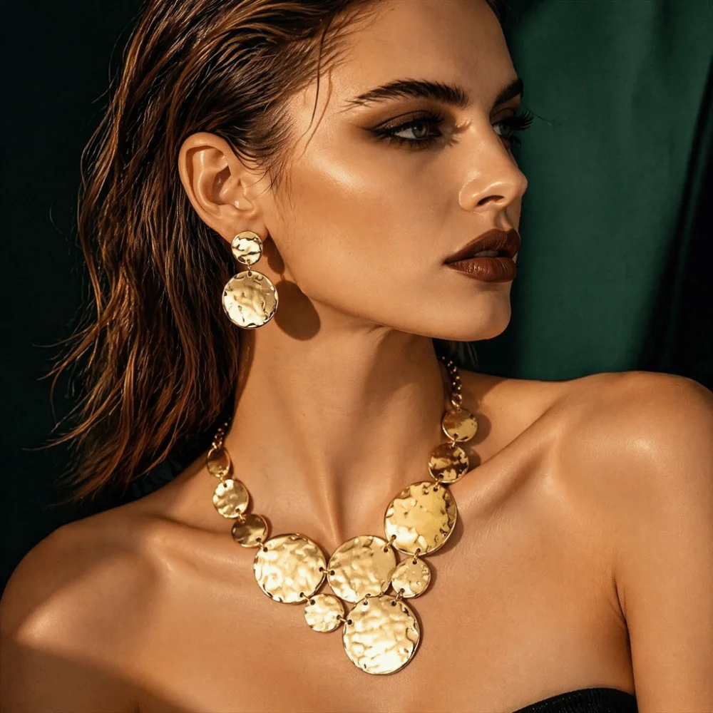 Stacking Vibe Round Hammered Disc Jewelry Dainty Versatile Necklace Earring Set Gold Tone Elegant Metal Dangle Earrings Party