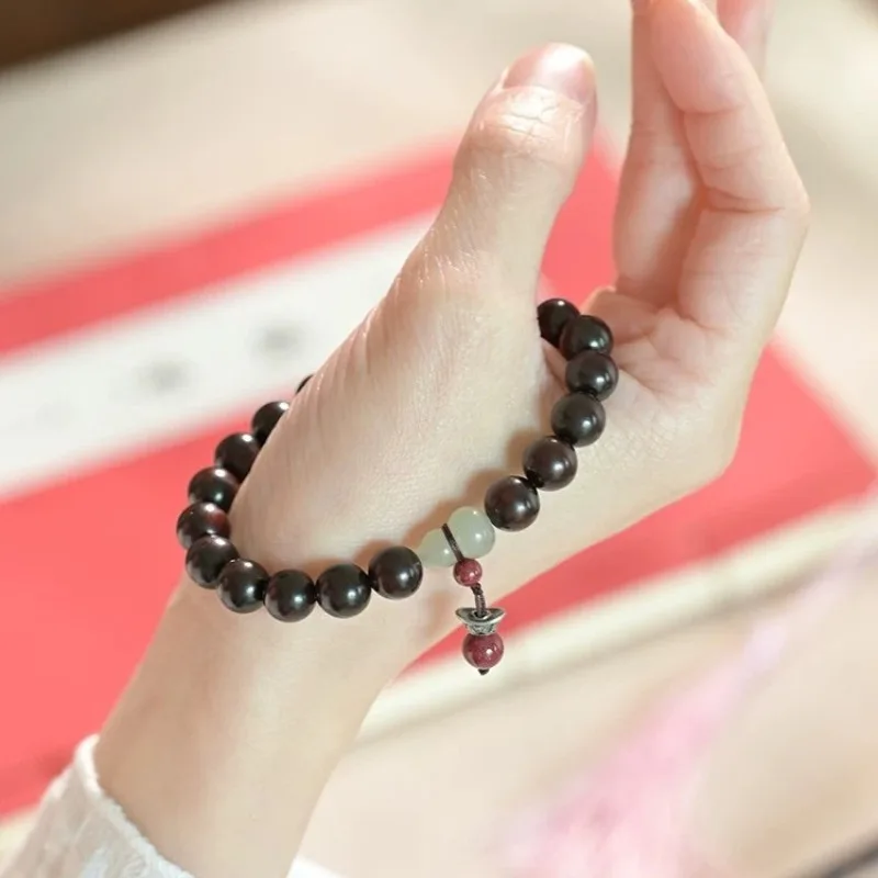 Deep Purple Aged Indian Rosewood Prayer Bead Bracelet with Hetian Jade Gourd Gifts