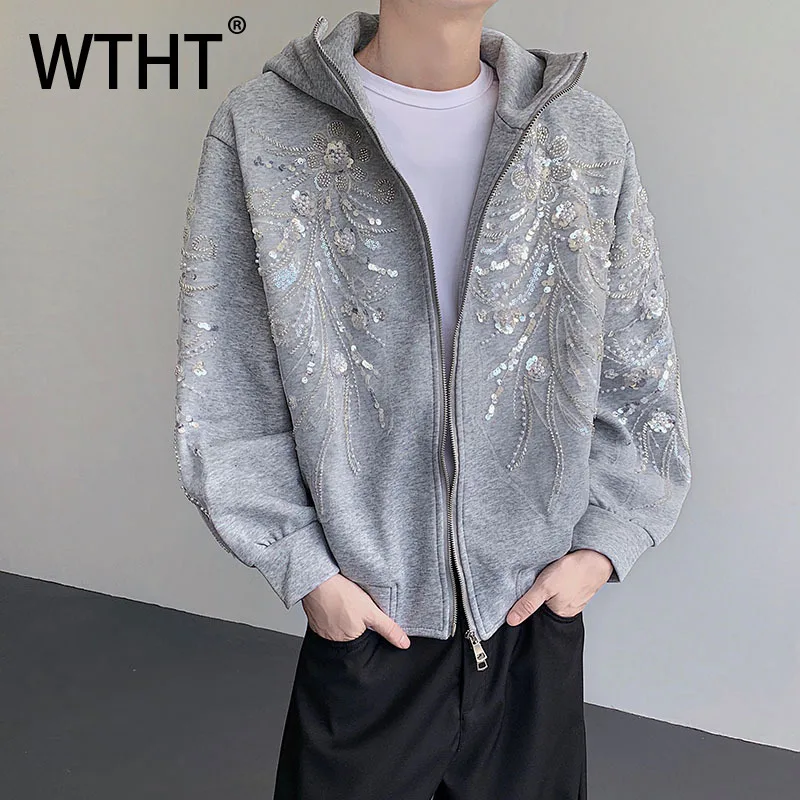 

WTHT модные мужские тяжелые непромокаемые дизайнерские пальто с блестками, модные куртки с капюшоном на молнии и длинными рукавами, мужские куртки, осень 2023, 2A2042