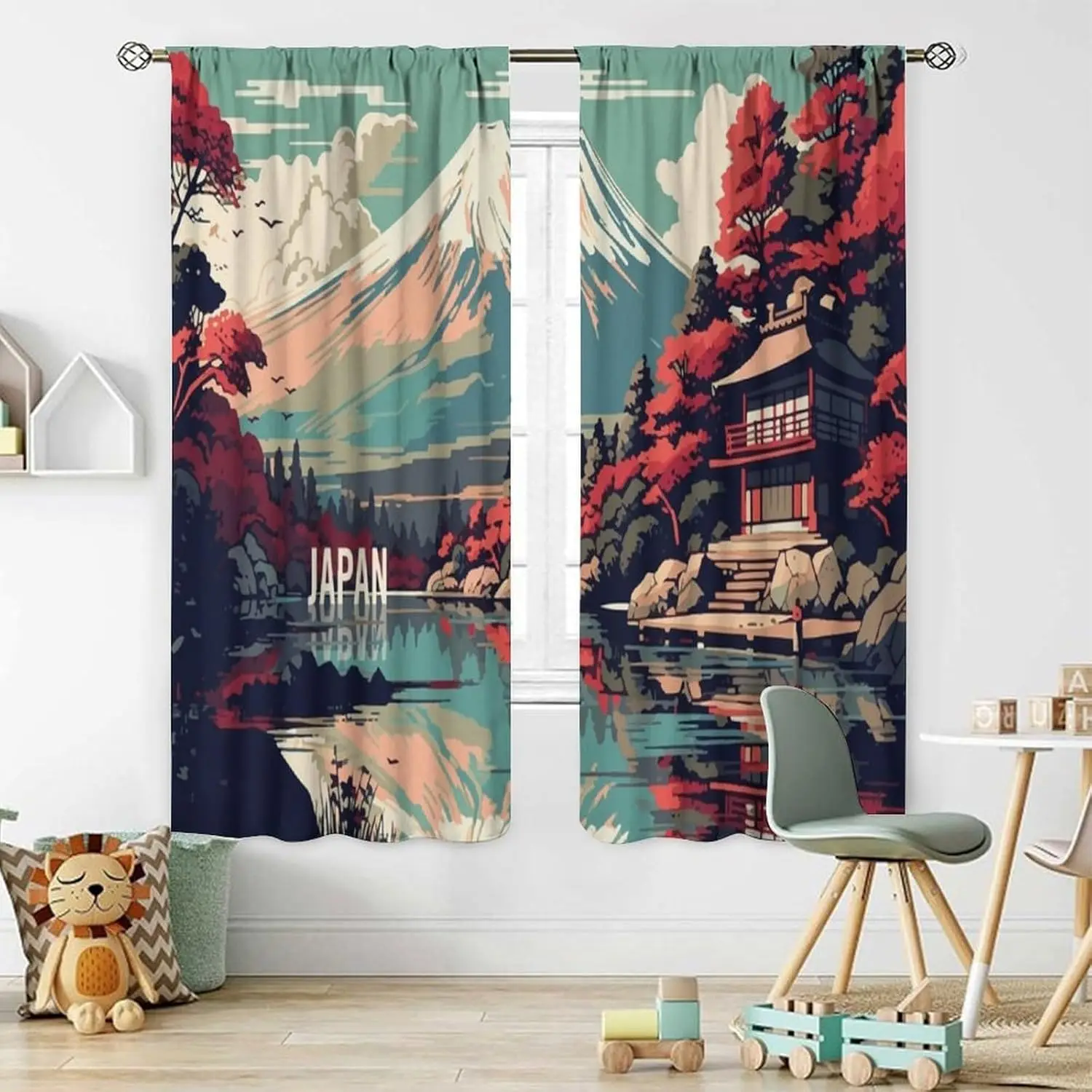 Japanese Curtain Japanese Style Mount Fuji Retro Architecture Cherry Blossom Tree with Blue Sky White Clouds Artistic Curtains