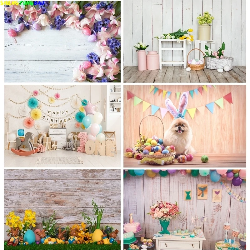 Vinyl Custom Spring Easter Photography Backdrop Rabbit Flowers Eggs Wood Board Photo Background Studio Props FH-55