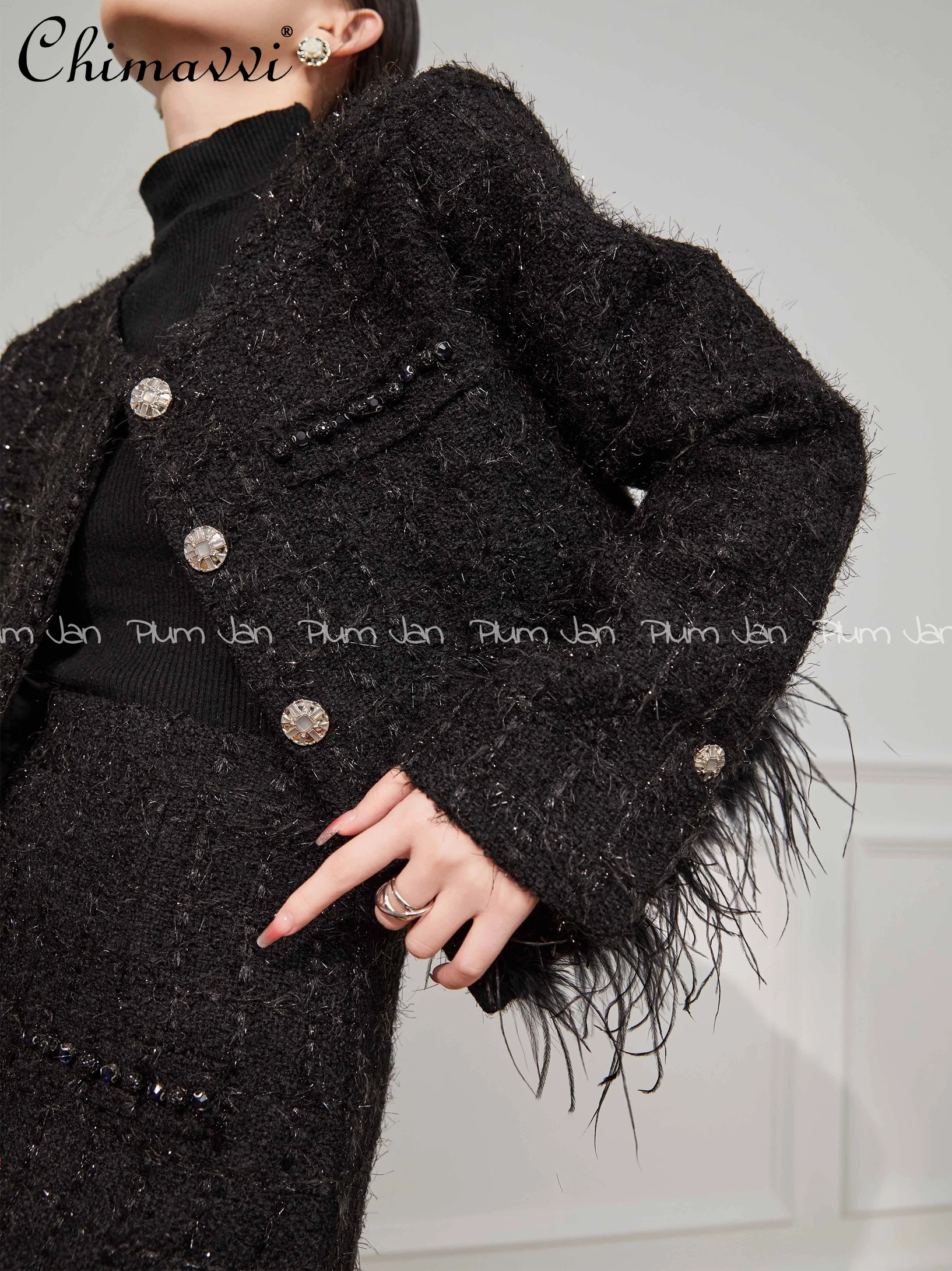 

High-End Suit 2024 Spring New Fashion Long Sleeve Black Round Neck Coarse Flower Feather Coat Skirt Elegant Women's Two-Piece