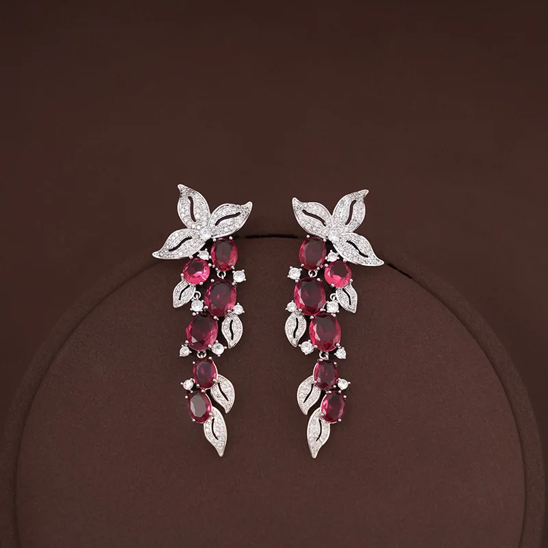 Vintage Zircon Leaf Tassel Dangle Earrings Female Luxury Heavy Work Fashion Ear Jewelry Gift