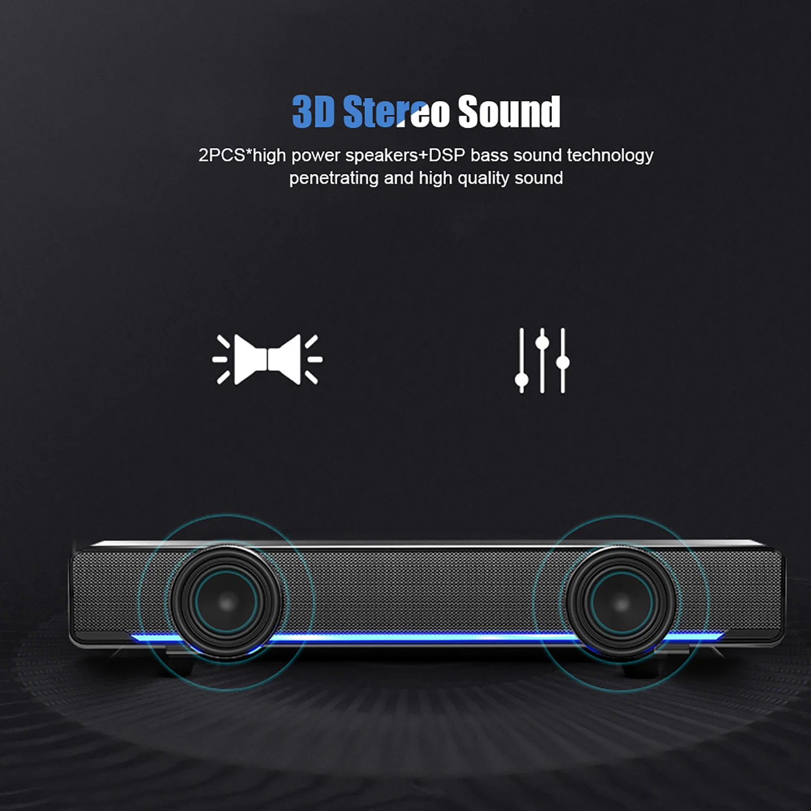 Portable Stereo Soundbar USB Wired Speaker Music Player Bass Surround Sound Box 3.5mm Input for TV PC Laptop Home Theater System