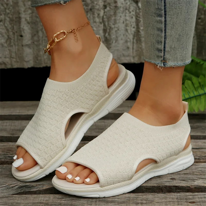 Summer New Women Sandals Knitted Flat Bottom Elastic Knit Shoes Lightweight Soft Sole Anti Slip Casual Sports Sandals Size 43