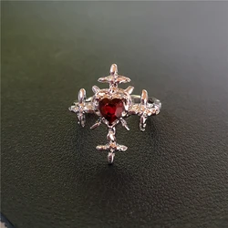 Punk Aesthetic Red Zirconia Heart Cross Open Ring Women Hip Hop Grunge Halloween Aesthetic Gothic Rave EMO Jewelry Accessories