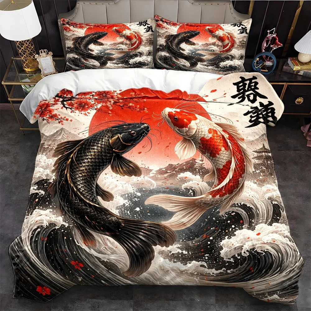 Japanese Artistic Koi Fish Wave Print Duvet Cover Set 3Pc Bedding with 2 Pillowcases Invisible Zipper Machine Washable