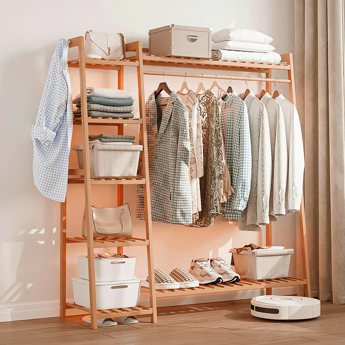 Voltsify Bamboo Bedroom Garment Clothes Rack Brown 110cm &130cm