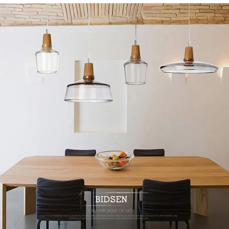 

Modern Pendant Light Led Glass Lampshade Wooden Hanging Suspension American Retro Bar Table Gray Nordic Dining Loft Decor Lamp