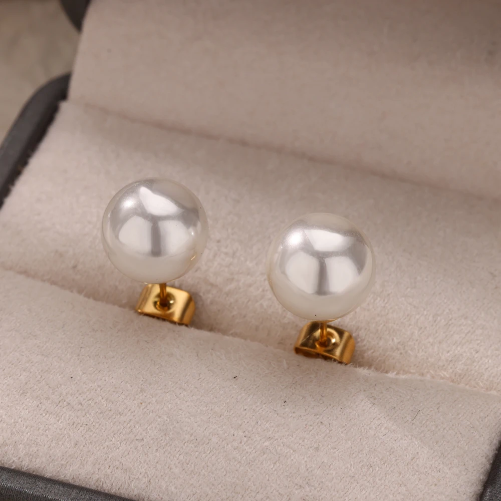 5mm 8mm 6mm 10mm 12mm Imitation Pearl Earrings For Women Gold Color Stainless Steel Stud Earrings Piercing Jewelry aretes