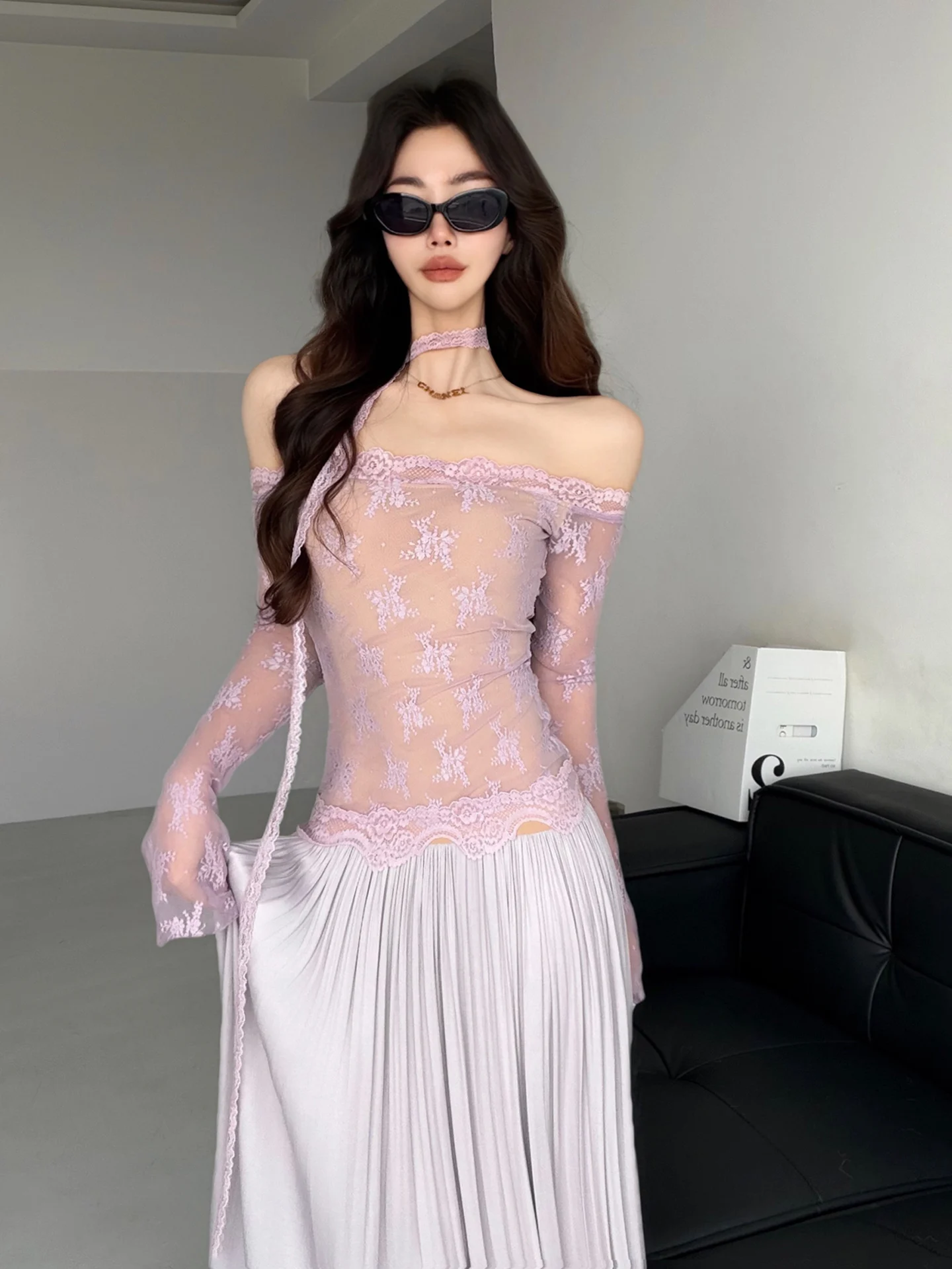 heavyweight-ballet-neck-lace-embroidery-patchwork-long-sleeve-dress-women-slimming-drifting-belt-long-dress-fairy-skirt-style