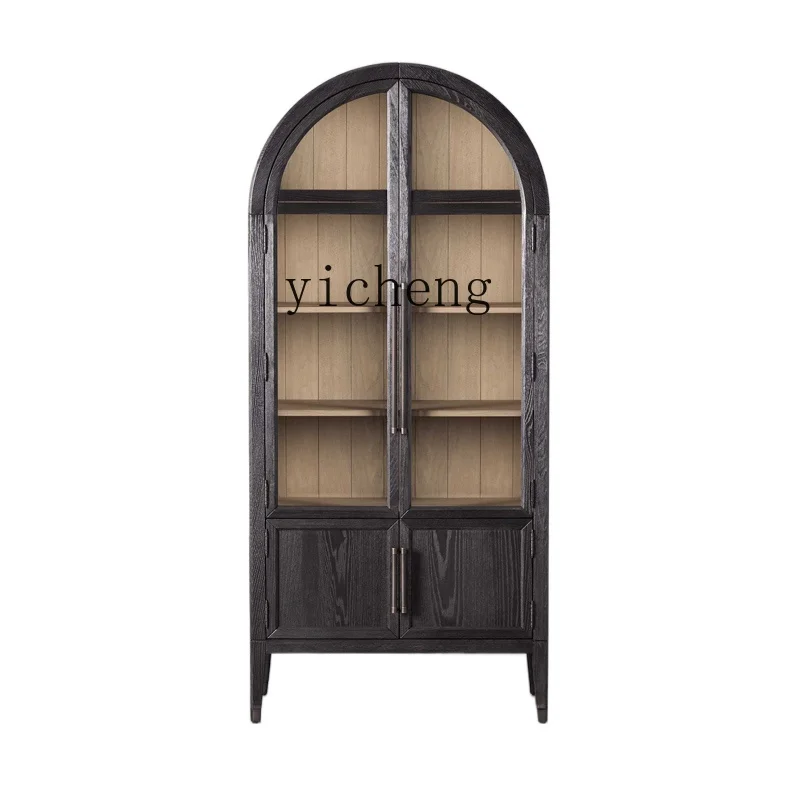 

ZC Arch Bookcase French Retro Wine Cabinet Lockers with Glass Door Sideboard Cabinet Mid-Ancient Bookshelf