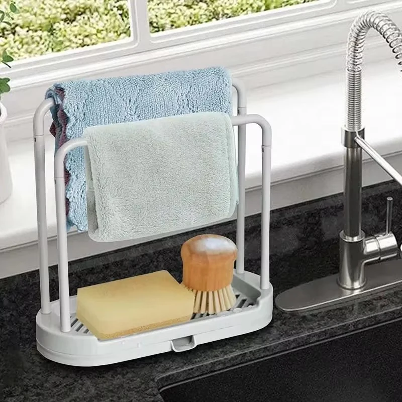 Estante para tela de cocina, escurridor de tela para lavavajillas de doble capa, estante de almacenamiento para fregadero, estante de almacenamiento de bolas de alambre de acero con esponja para encimera